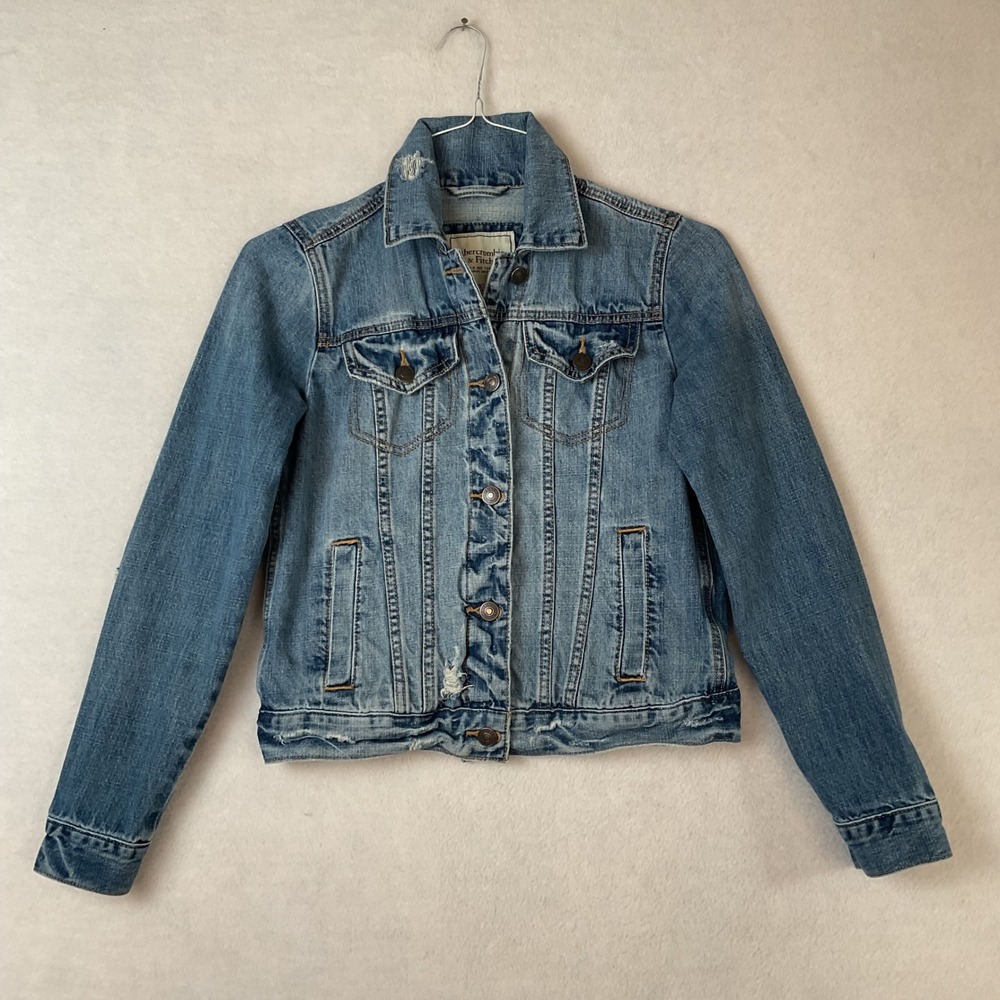 Abercrombie & Fitch Womens Distressed Denimโ Jacket Medium Wash Blue XS Cotton